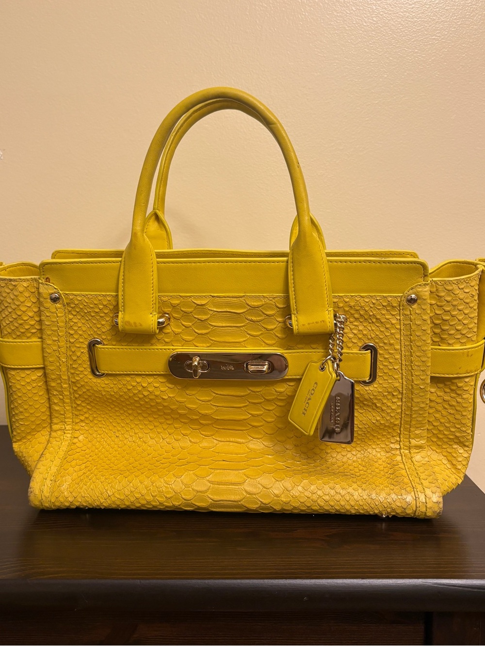 RARE Coach Yellow Python-Embossed Leather Swagger Carryall Satchel